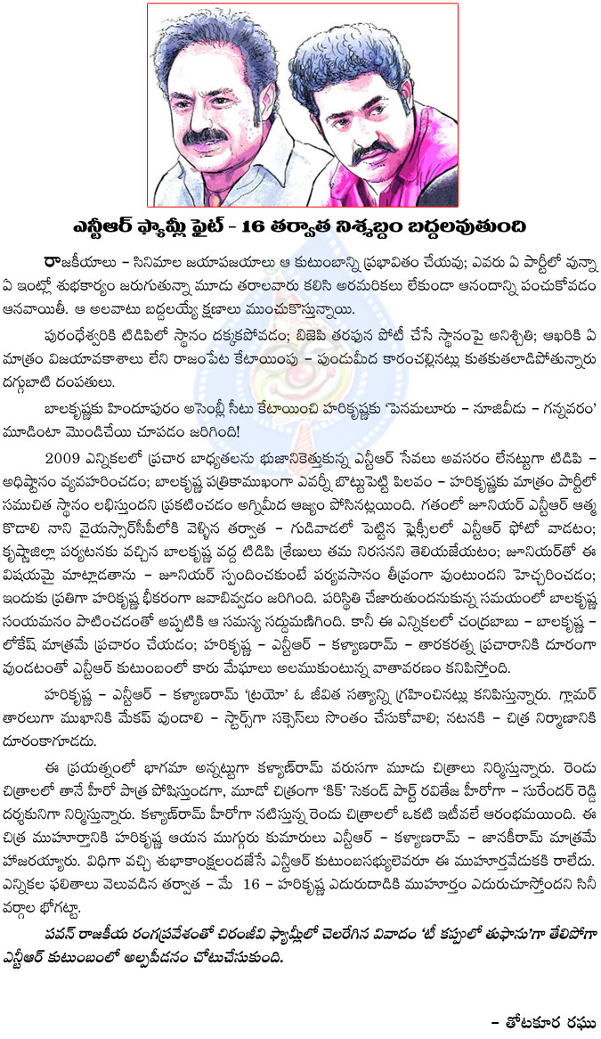 ntr family,nandamuri family fight,senior ntr,chandrababu,jr ntr,harikrishna,politics,high range politics in ntr family,kalyan ram,lokesh,telugu desam party,tdp,cycle,vijayawada,nuziveedu  ntr family, nandamuri family fight, senior ntr, chandrababu, jr ntr, harikrishna, politics, high range politics in ntr family, kalyan ram, lokesh, telugu desam party, tdp, cycle, vijayawada, nuziveedu